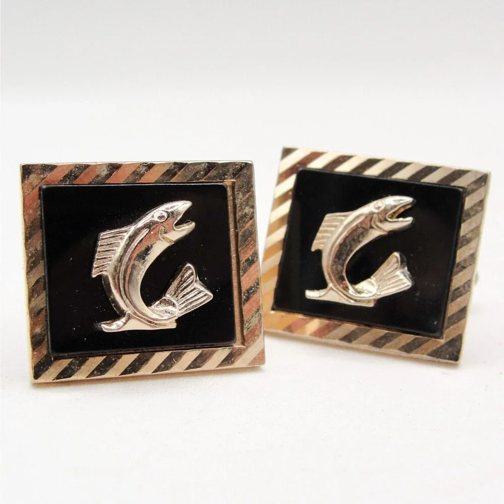 Vintage Swank Trout Bass Fish Cufflinks Gold Tone Black Signed Men Fishing Retro